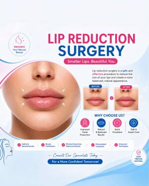 A medical aesthetic promotional flyer showcasing Lip Reduction Surgery benefits and before-and-after results.