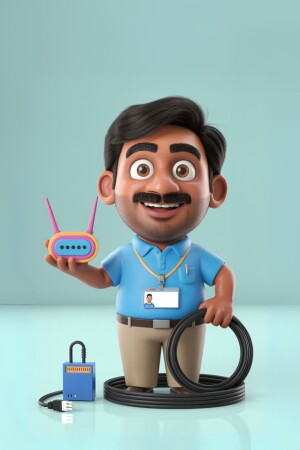 3D rendering of a smiling cartoon technician holding a radio and with cables and a lock nearby.