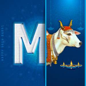 Image depicting a cow and the letter 'M' with a festive background for Vagh Baras