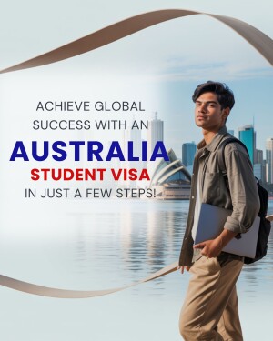 Young man with backpack and laptop in front of Sydney Opera House promoting Australian student visas.