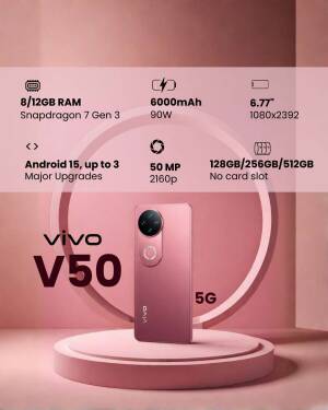 Vivo V50 5G smartphone showcasing key hardware specifications on a pink background