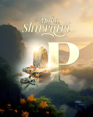 Image depicting a Shivling amidst a mountainous landscape with the text 'Maha Shivratri'