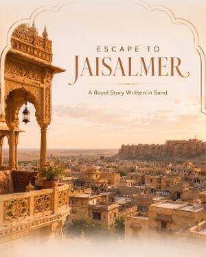 Scenic view of Jaisalmer city from a traditional sandstone balcony at sunset