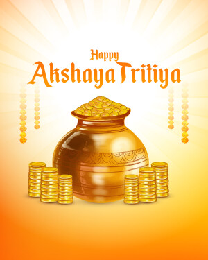Illustration of a pot overflowing with gold coins and stacks of coins, with the text 'Happy Akshaya Tritiya'.