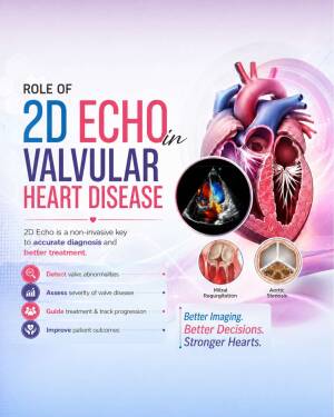 Infographic showing the role of 2D echocardiography in diagnosing and treating valvular heart disease with a human heart illustration.