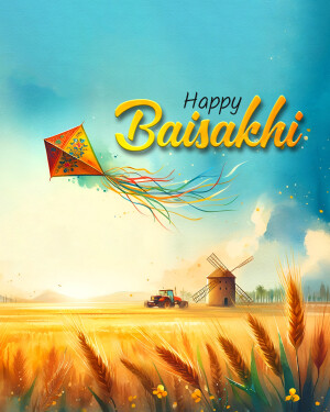 Baisakhi greeting with kite and wheat field