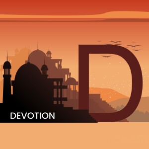 Silhouette of a mosque and landscape with the letter 'D' and the word 'Devotion'