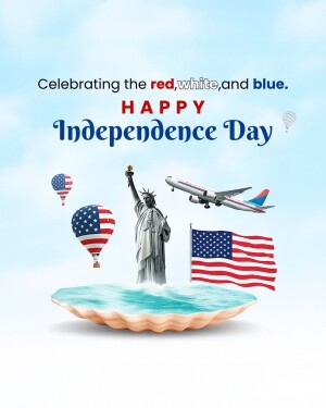Independence Day celebration with Statue of Liberty, American flag, and airplane