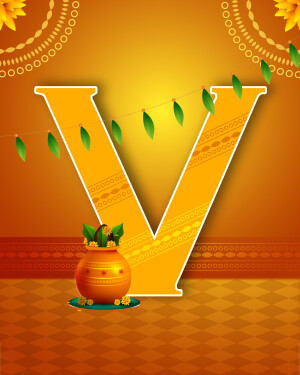 Decorative letter 'V' with Vaisakhi themed elements