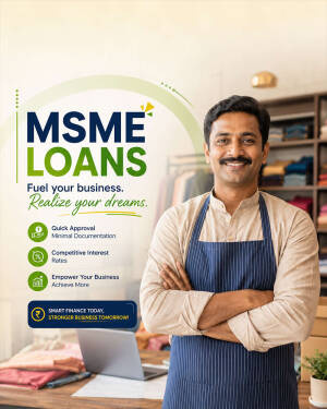A smiling shop owner wearing an apron with text advertising MSME loans for business growth.
