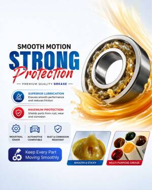 A metallic ball bearing with amber-colored grease and marketing text showcasing the benefits of premium multi-purpose industrial grease.