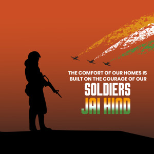 Silhouette of a soldier with fighter jets and the Indian flag colors, with a patriotic message.