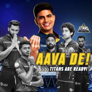 Gujarat Titans cricketers in a promotional graphic with the text Aava De!