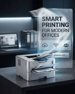 A modern office desktop printer with a holographic smart printing interface
