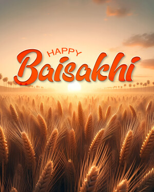 Happy Baisakhi text over a wheat field at sunset
