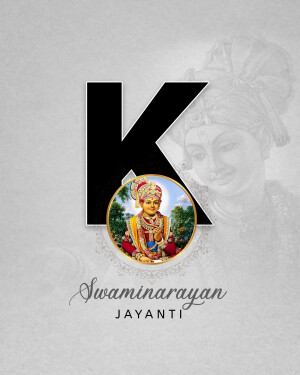 Image depicting Swaminarayan Jayanti with a portrait of Swaminarayan and the letter 'K'