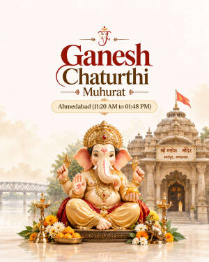 Lord Ganesha idol with temple background for Ganesh Chaturthi celebration
