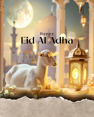 Eid Al Adha celebration with a goat and traditional lanterns