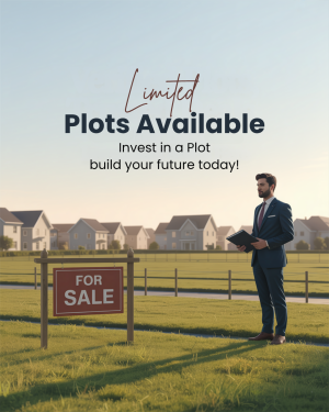 Man in a suit standing in front of a 'For Sale' sign and new homes, promoting land investment.