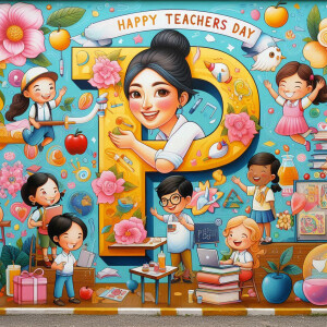 Colorful illustration celebrating Teachers Day with a teacher's portrait and children