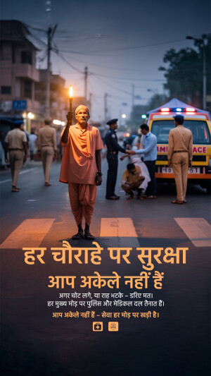 A monk holding a lit torch stands on a zebra crossing with police and an ambulance in the background, with Hindi text promoting safety and support.