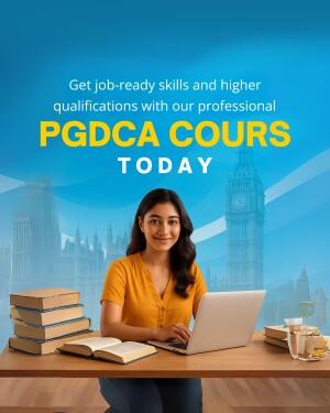 Woman studying with laptop and books, promoting PGDCA course