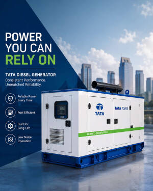 Tata Power diesel generator featuring a sleek white and blue industrial design with green branding accents set against an urban city skyline background.