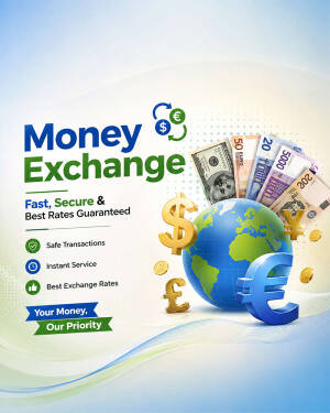 Money exchange services with globe and global currencies
