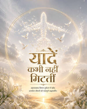 A somber memorial tribute image for the Ahmedabad plane crash victims featuring doves, an airplane silhouette, lilies, and a sunset background with Hindi text.