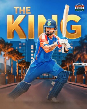 Poster of Virat Kohli in cricket gear with the text 'The King'