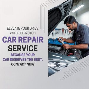 Mechanic working on a car engine with text promoting car repair services.
