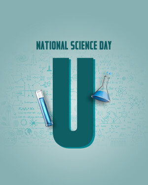 National Science Day graphic with a large letter 'U' and laboratory beakers