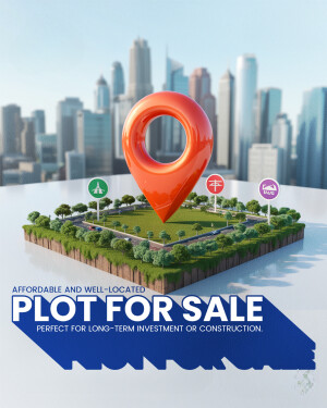 Illustration of a red location pin over a miniature city landscape with text 'Plot for Sale'