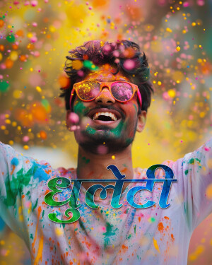 A young man covered in colorful powder celebrating Holi, with arms outstretched and a joyful expression.