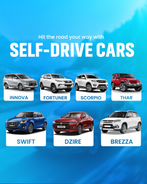 Selection of self-drive cars available for rent including Innova, Fortuner, Scorpio, Thar, Swift, Dzire, and Brezza.