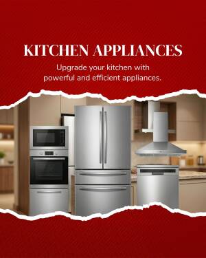 A collection of modern stainless steel kitchen appliances including a refrigerator, wall oven, microwave, and range hood set against a torn paper red background.