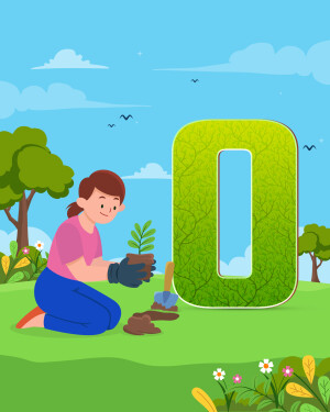 Illustration of a girl planting a seedling near a large green '0' made of leaves, representing zero waste.