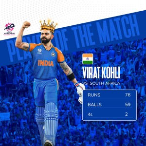 Virat Kohli celebrating after scoring 76 runs against South Africa in a cricket match.