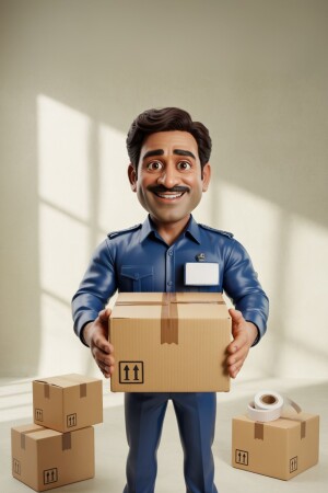 Cartoon illustration of a delivery man holding a package