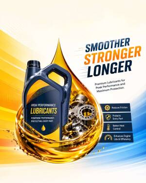 A plastic bottle of engine lubricant surrounded by a golden oil droplet containing metallic engine parts.