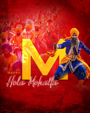 A digital artwork depicting a Sikh warrior with a large 'M' and a crowd of Sikh men celebrating Hola Mohalla.