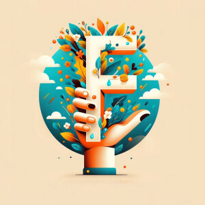 Letter F formed with flowers and a hand