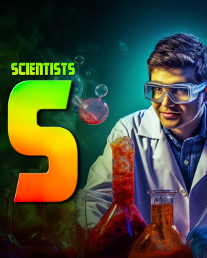 A young scientist in a lab coat conducting a colorful chemical experiment.