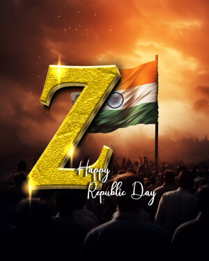 Indian flag waving with a golden 'Z' and crowd celebrating Republic Day