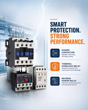 A graphic showing a power contactor, thermal overload relay, and reverse power relay for smart industrial electrical protection.