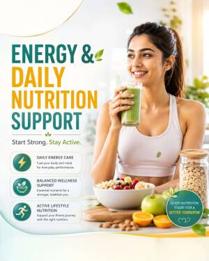 A smiling young woman drinking a green smoothie next to a bowl of granola and fresh fruit, promoting daily nutritional support.