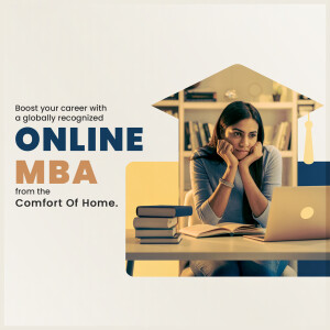 Woman studying with laptop and books, promoting online MBA program
