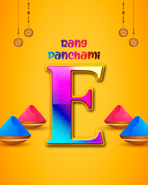 Colorful Rang Panchami graphic with the letter E