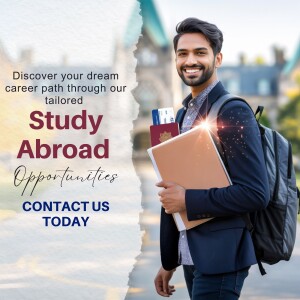 Young man with backpack and study materials in front of a university building