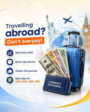 Currency exchange wallet with US dollars, blue suitcase, Statue of Liberty, and Big Ben in the background